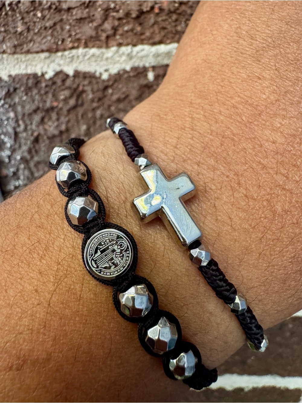 Cross & San Benito Stainless Steel Medallion-Beaded Adjustable Bracelet Set